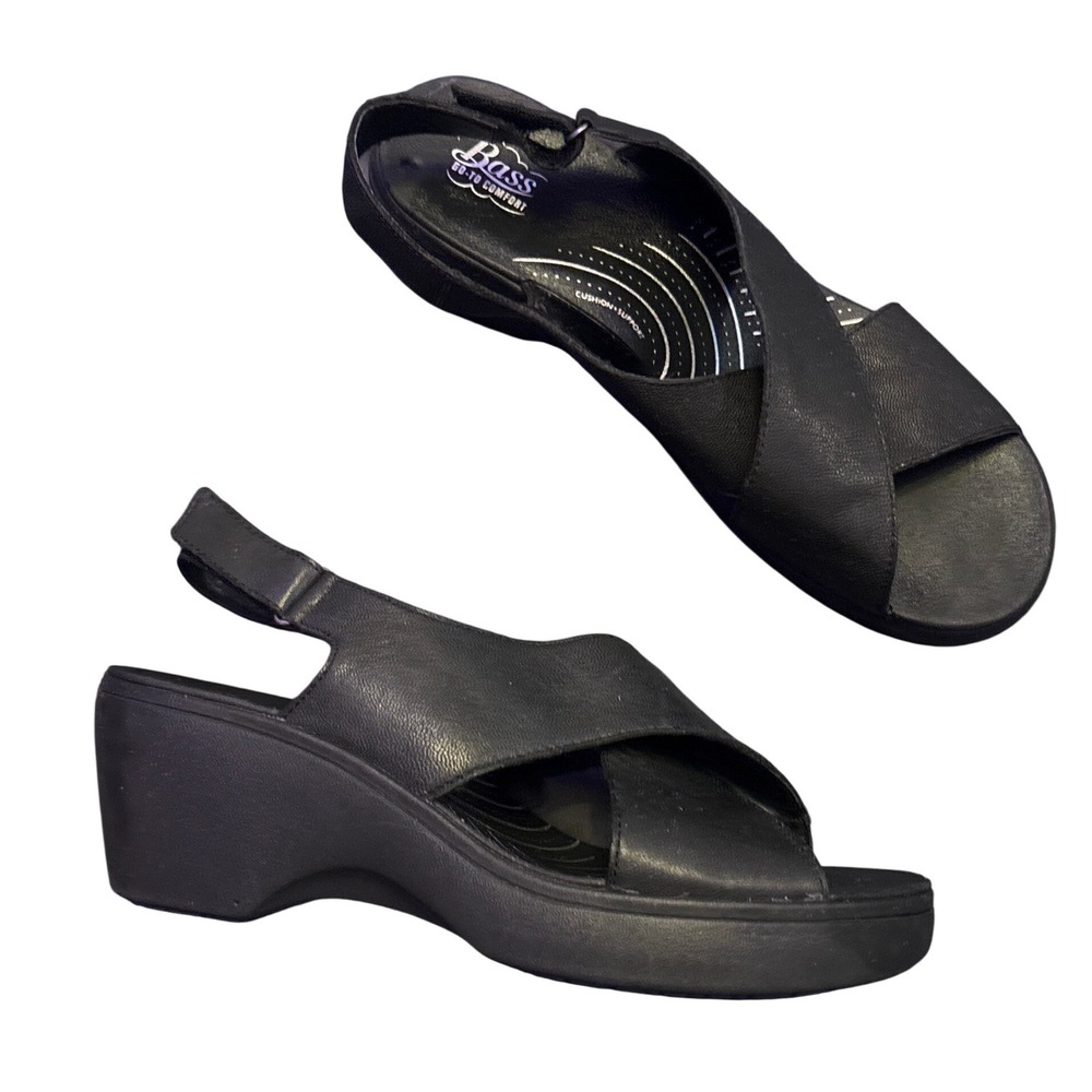 Bass Makayla Black Leather Comfort Wedge Slingback Sandals Women's 10M